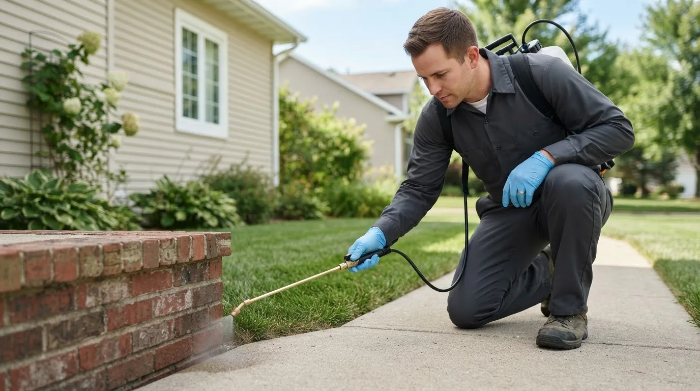 Pest control technician treating a home near Hampton, NE