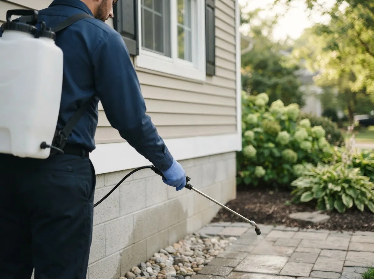 Pest control technician inspecting a home in Hampton, NE